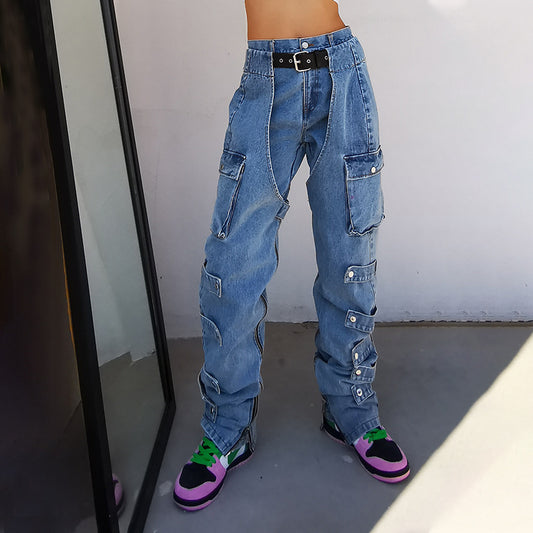 Jeans Talle Alto Cintura Elevada con Bolsillos Grandes Corte Recto