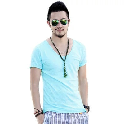 Camiseta Básica Hombre Cuello V Algodón Slub - Verano