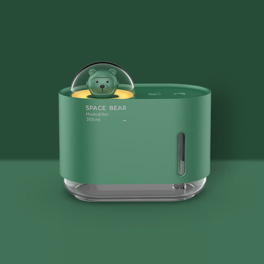 White square humidifier with a clear base, featuring a cute white bear figure in a clear dome, labeled "SPACE BEAR Humidifier 300 ml". - Image 8