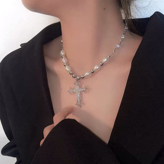 Cadena de Clavícula Hip Hop con Cruz de Diamantes y Perlas