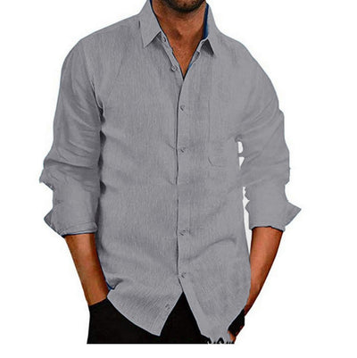 Camisa Manga Larga de Algodón y Lino para Hombre - Cuello Solapa Color Sólido - Image 11