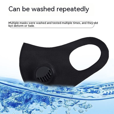 Pink knitted face mask with a black breather valve, designed for dust protection and comfortable wear. - Image 3
