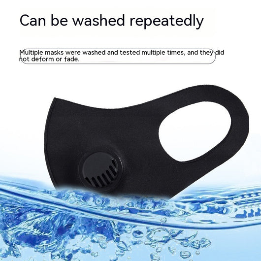 Pink knitted face mask with a black breather valve, designed for dust protection and comfortable wear. - Image 3