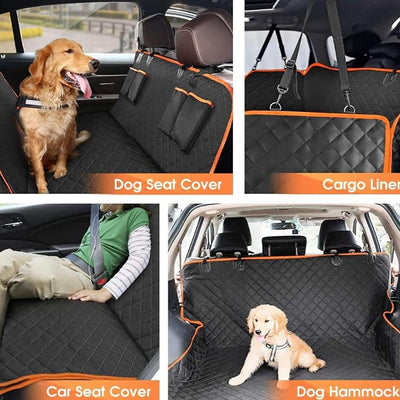 Black quilted Oxford cloth car pet mat installed in a car's rear seat, featuring a hammock design with side flaps. - Image 15