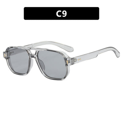 Black full-frame retro casual sunglasses with dark gray lenses and a double bridge, featuring gold accents. - Image 18