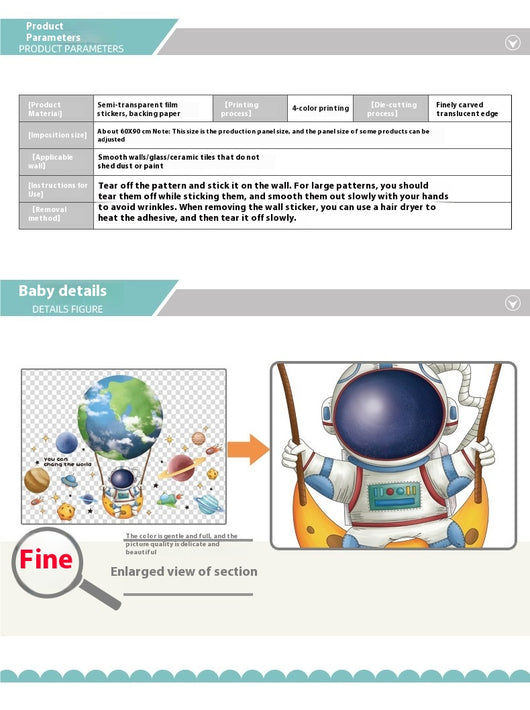 Cartoon astronaut and space station wall stickers with planets, stars, moon, and telescope on a white wall. - Image 13