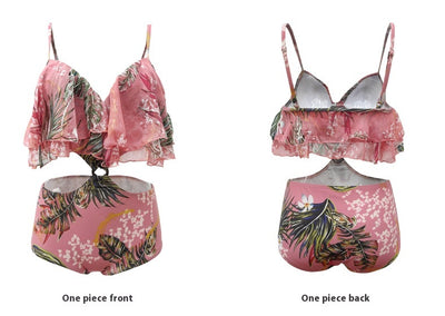 Pink tropical print three-piece women's swimwear set with ruffled bikini top, high-waisted bottoms, and matching sarong. - Image 18