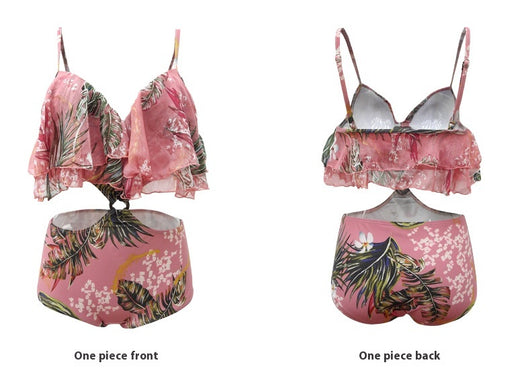 Pink tropical print three-piece women's swimwear set with ruffled bikini top, high-waisted bottoms, and matching sarong. - Image 18