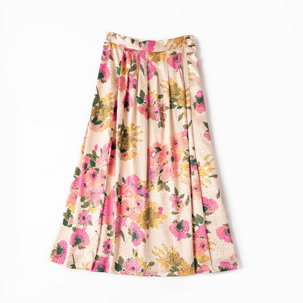Falda Midi Fluida con Patrón Retro Oscuro y Abertura Lateral