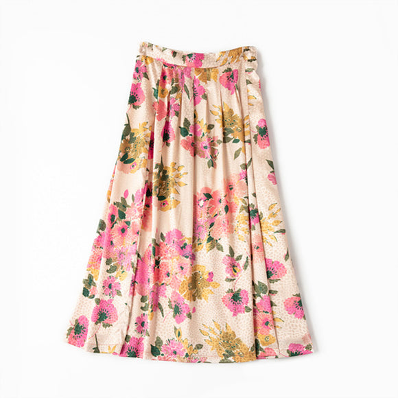 Falda Midi Fluida con Patrón Retro Oscuro y Abertura Lateral