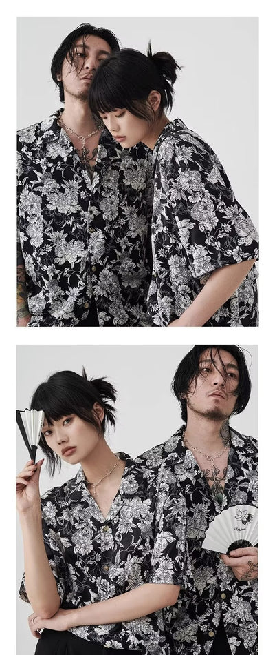 Camisa de Verano Estampado Camellia Blanco y Negro - Image 7