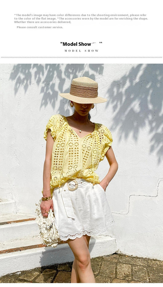 Blusa Bordada Estilo Vacacional Manga Corta Diseño Francés de Verano - Image 13