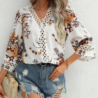 Blusa Elegante Suelta con Escote en V y Mangas Acampanadas de Encaje - Image 8