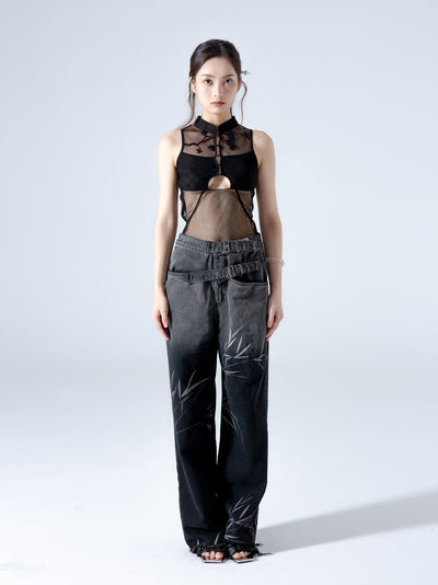 Blusa Negra de Gasa con Bordado Hueco Estilo Chino en Pino y Ciprés - Image 5