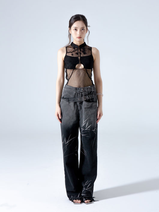 Blusa Negra de Gasa con Bordado Hueco Estilo Chino en Pino y Ciprés - Image 5