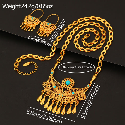 Gold-toned necklace and dangle earrings set with filigree water droplet design, turquoise accents, and tassel charms. - Image 8