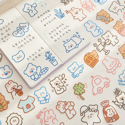 40-piece pack of cute white bunny PET stickers with pink outlines, showing the bunny in various activities like driving, fishing, and holding flowers, on a pink - Image 13