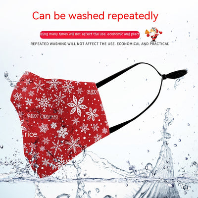 Black double-layer dust mask with a vibrant, multi-colored snowflake digital print and ear hooks.