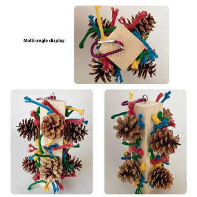 Packaged parrot toy with a wooden block, colorful hemp ropes, and natural pine cones for chewing and play. - Image 12