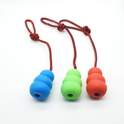 Three pet toys with red and black braided ropes and textured rubber chew ends in blue, green, and red. - Image 8