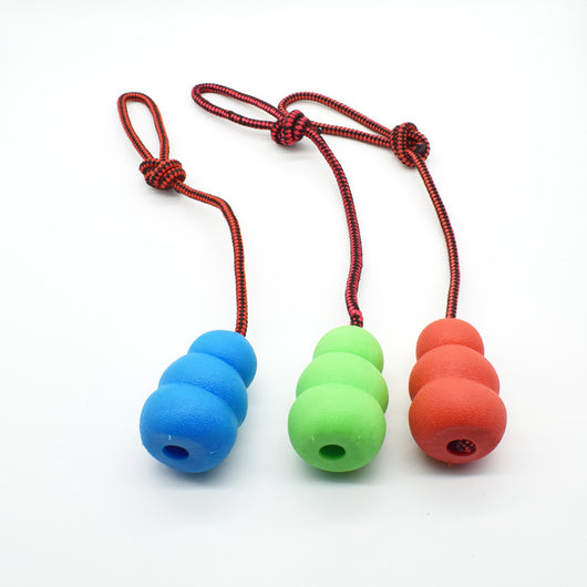 Three pet toys with red and black braided ropes and textured rubber chew ends in blue, green, and red. - Image 8