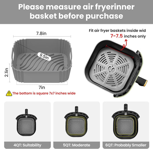 2 Pack Silicone Air Fryer Liners, Square Reusable Non-Stick Basket Inserts for 4-5 QT Air Fryers, Dishwasher Safe Parchment Paper Replacement Accessories Gray & Black - Tekeno