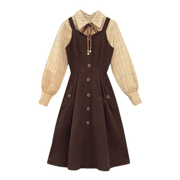 Conjunto de Dos Piezas: Vestido Camisero Cuadriculado Manga Larga Ajustado