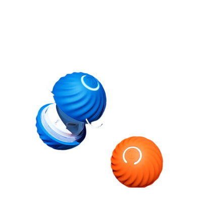 Blue gravitational jumping pet ball with a power button, shown next to an orange replacement shell for the toy. - Image 3