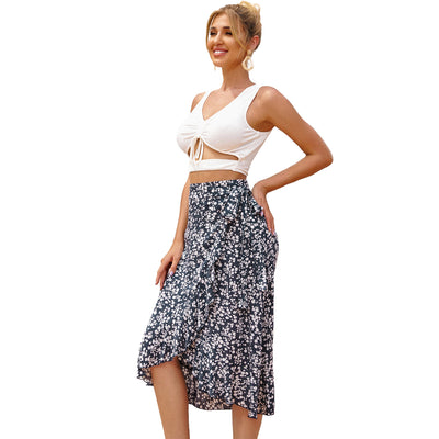 Falda Retro Floral Irregular con Ondas y Cordones Laterales - Image 5