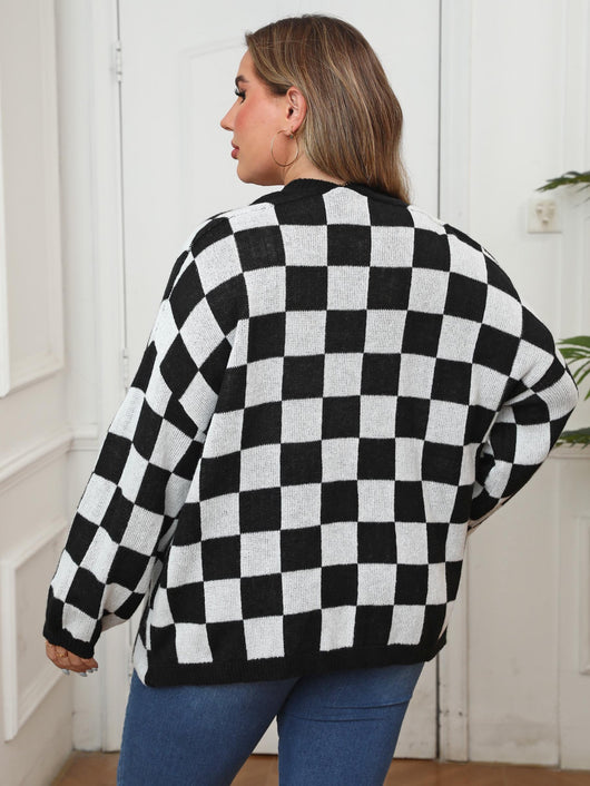 Suéter Cardigan Patchwork Contraste Cuadros Ajedrez Holgado Casual - Image 19