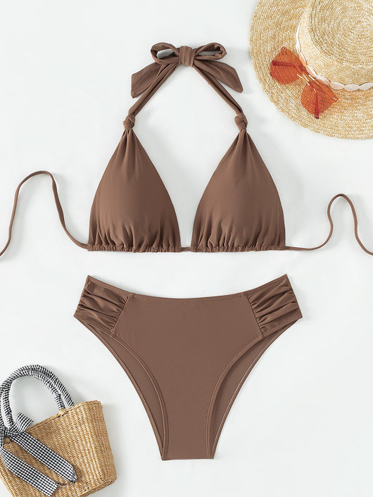 Solid olive green triangle halter bikini swimsuit for women, featuring a high-waisted bottom with ruched sides. - Image 11