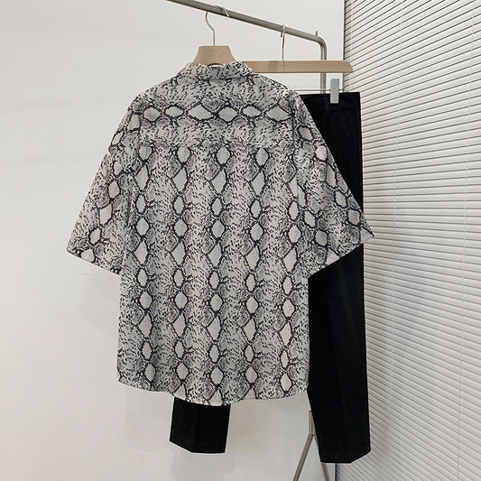 Camisa Casual Hombre Seda Helada Estampado Serpiente Manga Corta Elegante - Image 2