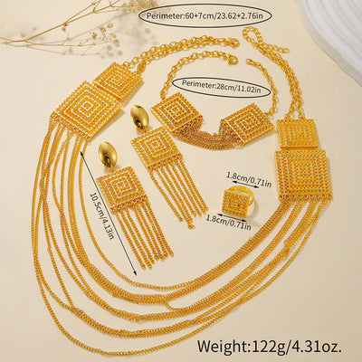 5-piece gold-plated jewelry set with multi-layered tassel necklace, matching dangle earrings, bracelet, and square ring. - Image 7