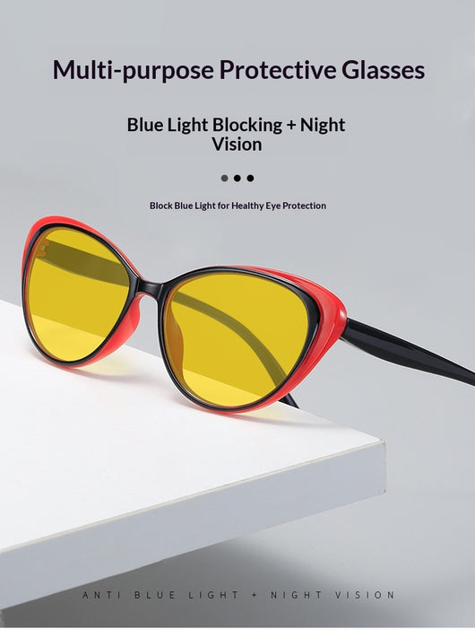 Retro cat-eye sunglasses with bright black frames and yellow night vision lenses on a white background. - Image 20