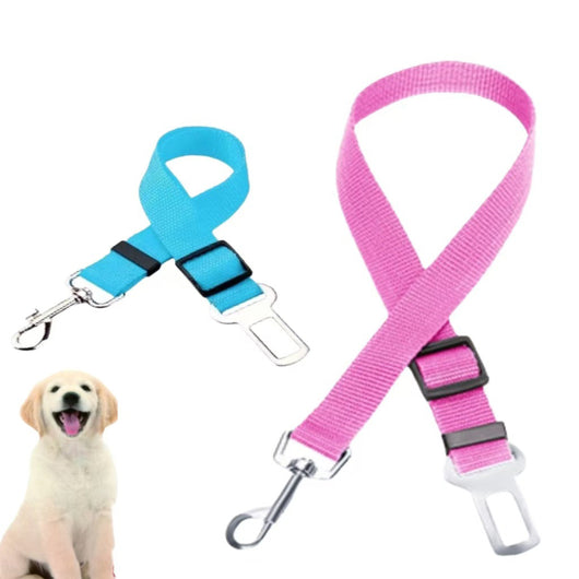Pink adjustable dog car seat belt with a metal seatbelt buckle and a silver swivel snap hook. - Image 7