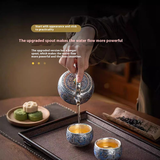 Juego de Té Taotie Chapado en Oro y Plata - Tetera Artesanal de Lujo