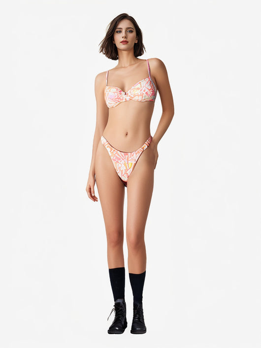 Women's split bikini swimsuit with a colorful abstract pattern, featuring a balconette top and high-cut bottom. - Image 11