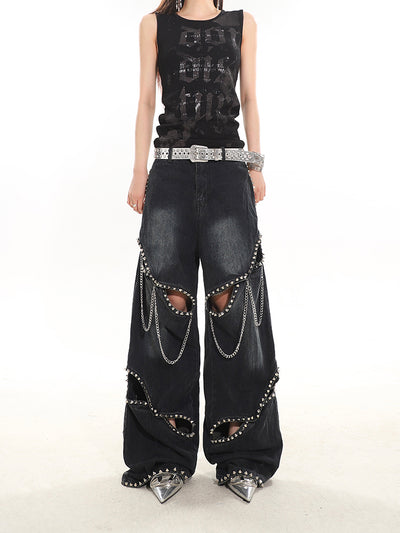 Jeans con Cadena de Remaches Hueca de Diseño Industrial - Image 14