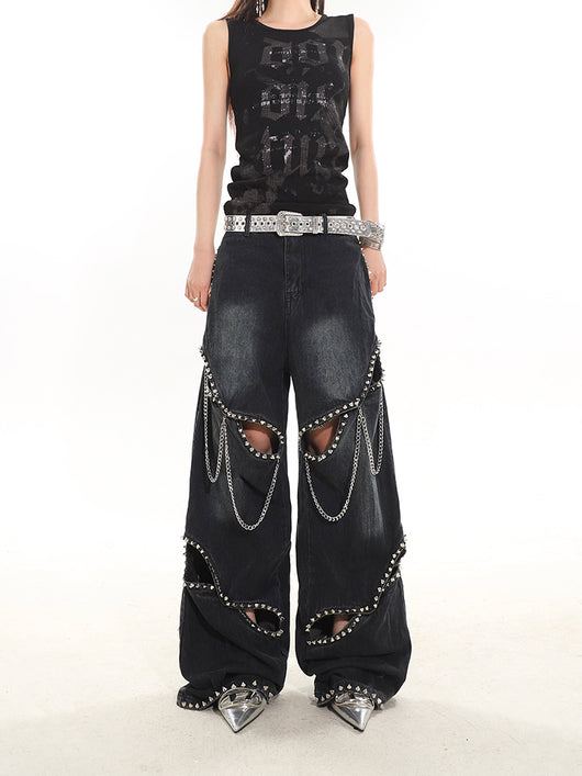 Jeans con Cadena de Remaches Hueca de Diseño Industrial - Image 14
