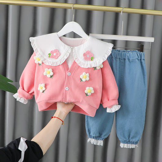 Conjunto de Tres Piezas con Cardigan de Cuello Muñeca para Niñas - Image 5