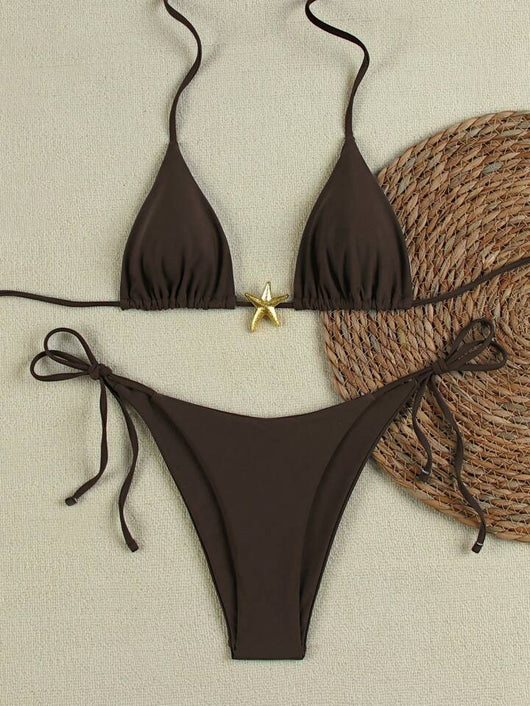 White women's bikini with triangle top and tie-side bottom, featuring a gold starfish charm on the center front. - Image 10