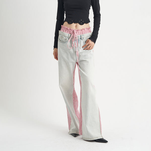 Jeans Rosa con Diseño Patchwork Cuadros para Mujer