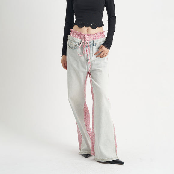Jeans Rosa con Diseño Patchwork Cuadros para Mujer
