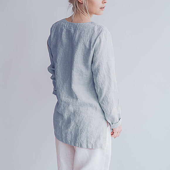 Blusa de Lino Puro Cuello V Manga Larga para Mujer