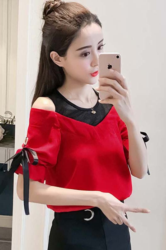 Blusa Fresca de Gasa Cuello Redondo Manga Corta para Mujer