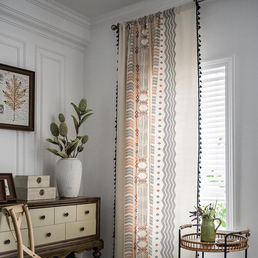 Boho cream cotton and linen curtain with tribal print in black and orange, featuring black fringe tassels. - Image 11