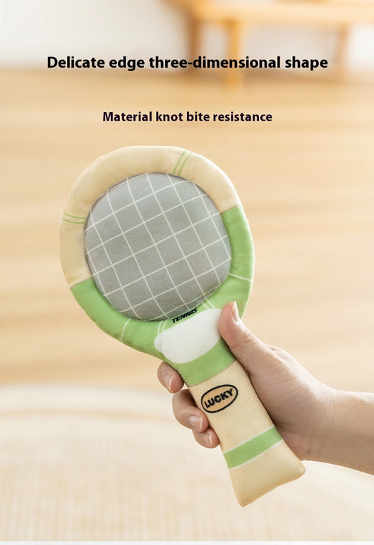 Plush dog toy set featuring a green and beige tennis racket (29cm) and a matching 6cm tennis ball. - Image 20