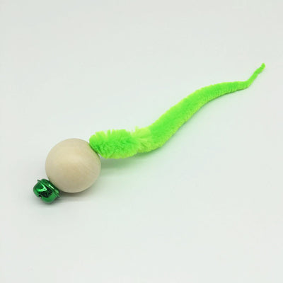 Wooden bead cat toy with a golden bell and a neon yellow fuzzy worm-like attachment on a white background. - Image 9