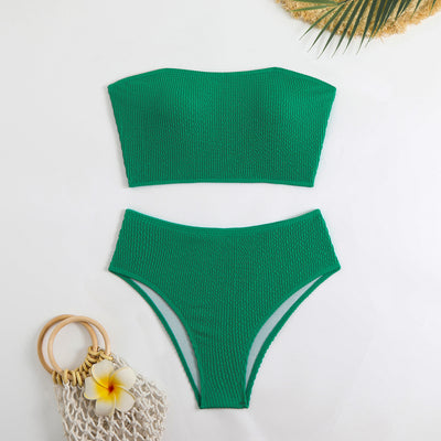 Blue high-waisted bikini set with a textured bandeau top and high-cut bottoms, laid flat on white. - Image 28