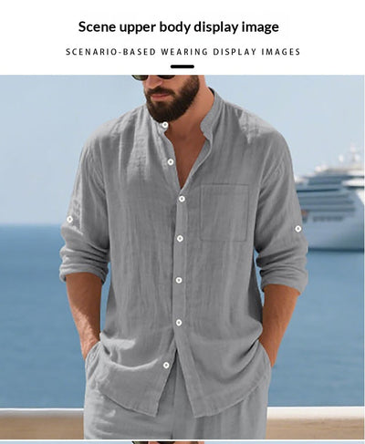 Camisa de Lino Transpirable para Hombre con Cuello Mao y Manga Larga - Image 14